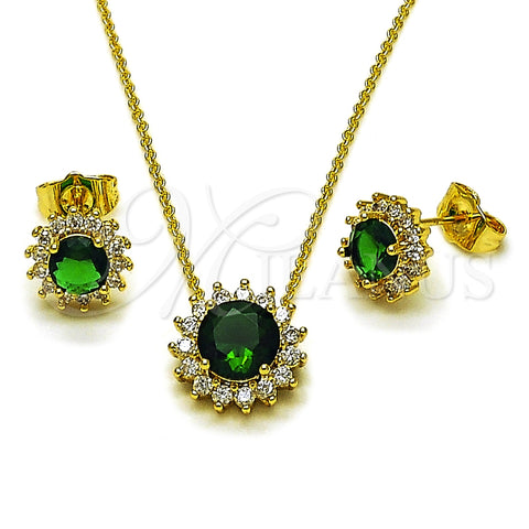 Oro Laminado Earring and Pendant Adult Set, Gold Filled Style Cluster Design, with Green and White Cubic Zirconia, Polished, Golden Finish, 10.156.0517