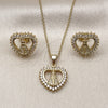 Oro Laminado Earring and Pendant Adult Set, Gold Filled Style Heart and Guadalupe Design, with White Cubic Zirconia and White Micro Pave, Polished, Golden Finish, 10.156.0521