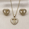Oro Laminado Earring and Pendant Adult Set, Gold Filled Style Heart and Guadalupe Design, with White Cubic Zirconia and White Micro Pave, Polished, Golden Finish, 10.156.0521