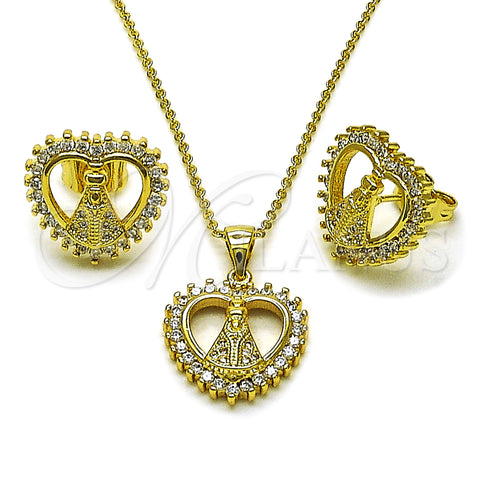 Oro Laminado Earring and Pendant Adult Set, Gold Filled Style Heart and Guadalupe Design, with White Cubic Zirconia and White Micro Pave, Polished, Golden Finish, 10.156.0521