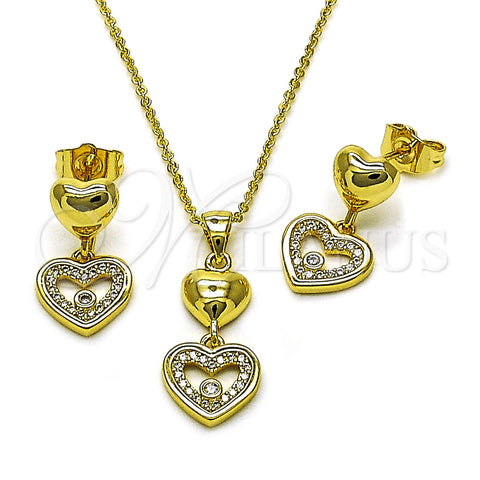 Oro Laminado Earring and Pendant Adult Set, Gold Filled Style Heart Design, with White Cubic Zirconia, Polished, Golden Finish, 10.156.0522