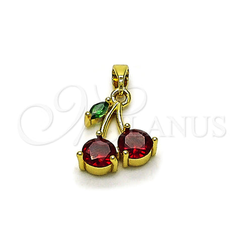 Oro Laminado Fancy Pendant, Gold Filled Style Cherry Design, with Garnet and Green Cubic Zirconia, Polished, Golden Finish, 05.313.0001