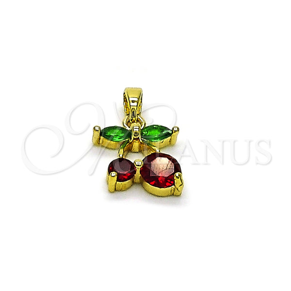 Oro Laminado Fancy Pendant, Gold Filled Style Cherry Design, with Garnet and Green Cubic Zirconia, Polished, Golden Finish, 05.313.0002