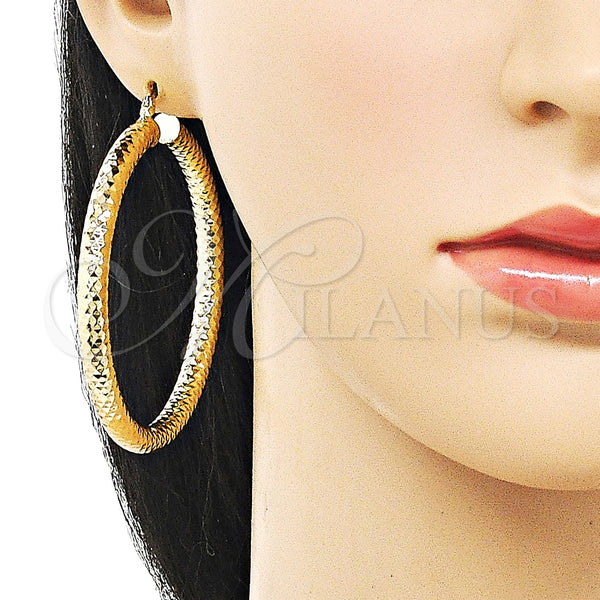 Gold Filled Hoop Earrings — Extra Large Hoop Hollow Design Diamond Cutting 02. — alternate product view — SKU 159362 | Oro Laminado aretes de aro — Extra Large Hoop Hollow diseño Diamond Cutting 02. — SKU 159362