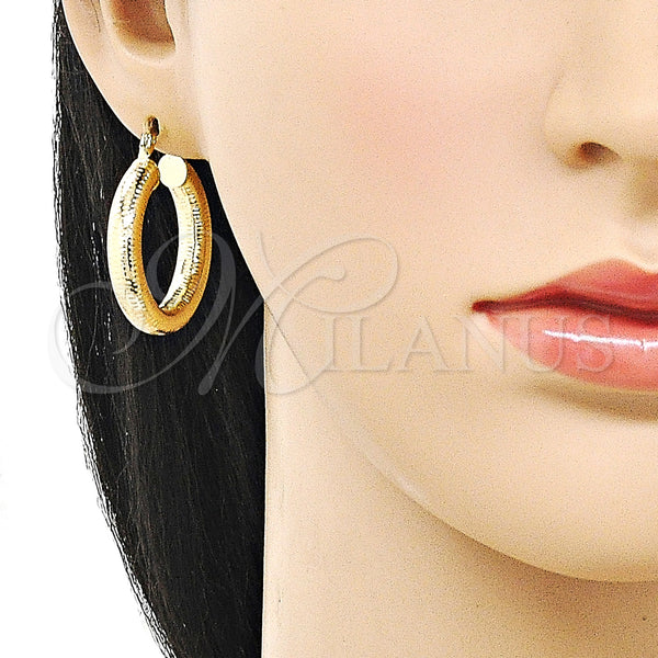 Gold Filled Hoop Earrings — Medium Hoop Hollow Design Diamond Cutting 02. — alternate product view — SKU 159379 | Oro Laminado aretes de aro — Medium Hoop Hollow diseño Diamond Cutting 02. — SKU 159379