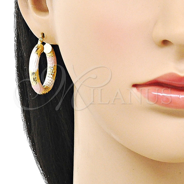 Gold Filled Hoop Earrings — Medium Hoop Hollow Design Diamond Cutting Tricolor 02. — alternate product view — SKU 159384 | Oro Laminado aretes de aro — Medium Hoop Hollow diseño Diamond Cutting Tricolor 02. — SKU 159384