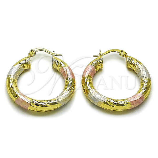 Gold Filled Hoop Earrings — Medium Hoop Hollow Design Diamond Cutting Tricolor 02. — main product view — SKU 159384 | Oro Laminado aretes de aro — Medium Hoop Hollow diseño Diamond Cutting Tricolor 02. — SKU 159384