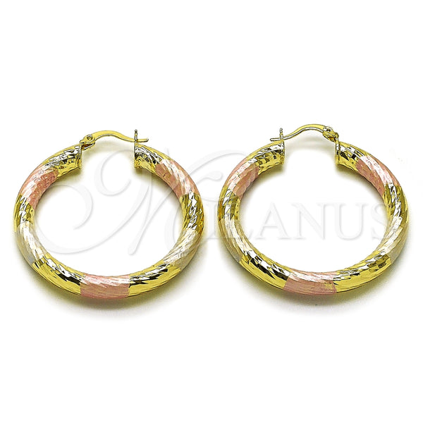 Oro Laminado Medium Hoop, Gold Filled Style Hollow Design, Diamond Cutting Finish, Tricolor, 02.213.0311.1.40