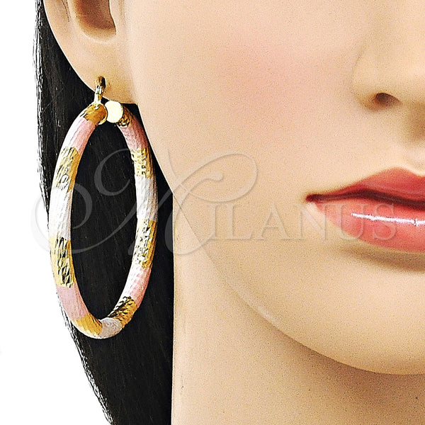Gold Filled Hoop Earrings — Large Hoop Hollow Design Diamond Cutting Tricolor 02. — alternate product view — SKU 159386 | Oro Laminado aretes de aro — Large Hoop Hollow diseño Diamond Cutting Tricolor 02. — SKU 159386