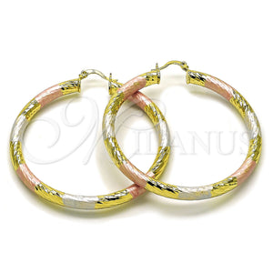 Gold Filled Hoop Earrings — Large Hoop Hollow Design Diamond Cutting Tricolor 02. — main product view — SKU 159386 | Oro Laminado aretes de aro — Large Hoop Hollow diseño Diamond Cutting Tricolor 02. — SKU 159386