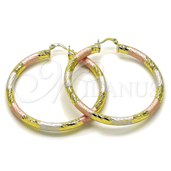 Gold Filled Hoop Earrings — Large Hoop Hollow Design Diamond Cutting Tricolor 02. — main product view — SKU 159386 | Oro Laminado aretes de aro — Large Hoop Hollow diseño Diamond Cutting Tricolor 02. — SKU 159386