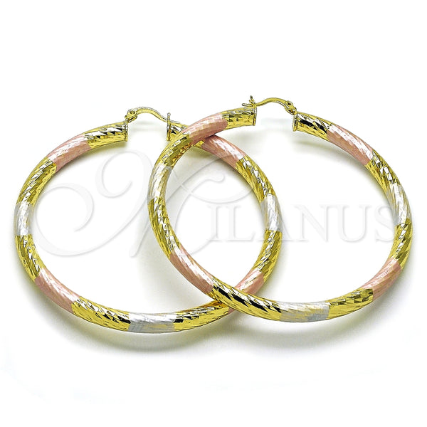 Oro Laminado Extra Large Hoop, Gold Filled Style Hollow Design, Diamond Cutting Finish, Tricolor, 02.213.0311.1.70