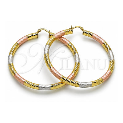 Oro Laminado Extra Large Hoop, Gold Filled Style Hollow Design, Diamond Cutting Finish, Tricolor, 02.213.0311.1.70