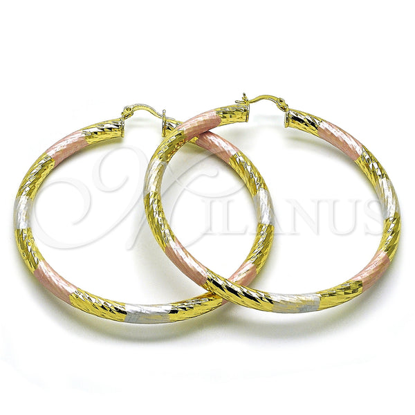 Gold Filled Hoop Earrings — Extra Large Hoop Hollow Design Diamond Cutting Tricolor — main product view — SKU 159387 | Oro Laminado aretes de aro — Extra Large Hoop Hollow diseño Diamond Cutting Tricolor — SKU 159387