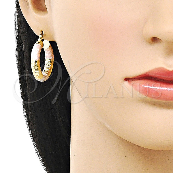 Gold Filled Hoop Earrings — Medium Hoop Hollow Design Diamond Cutting Tricolor 02. — alternate product view — SKU 159388 | Oro Laminado aretes de aro — Medium Hoop Hollow diseño Diamond Cutting Tricolor 02. — SKU 159388