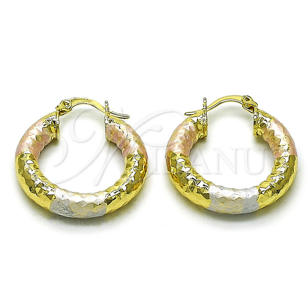 Gold Filled Hoop Earrings — Medium Hoop Hollow Design Diamond Cutting Tricolor 02. — main product view — SKU 159388 | Oro Laminado aretes de aro — Medium Hoop Hollow diseño Diamond Cutting Tricolor 02. — SKU 159388