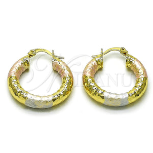 Gold Filled Hoop Earrings — Medium Hoop Hollow Design Diamond Cutting Tricolor 02. — main product view — SKU 159388 | Oro Laminado aretes de aro — Medium Hoop Hollow diseño Diamond Cutting Tricolor 02. — SKU 159388