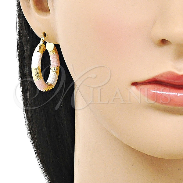 Gold Filled Hoop Earrings — Medium Hoop Hollow Design Diamond Cutting Tricolor 02. — alternate product view — SKU 159389 | Oro Laminado aretes de aro — Medium Hoop Hollow diseño Diamond Cutting Tricolor 02. — SKU 159389