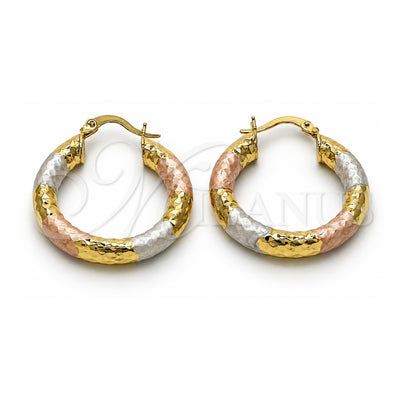 Oro Laminado Medium Hoop, Gold Filled Style Hollow Design, Diamond Cutting Finish, Tricolor, 02.213.0312.1.30