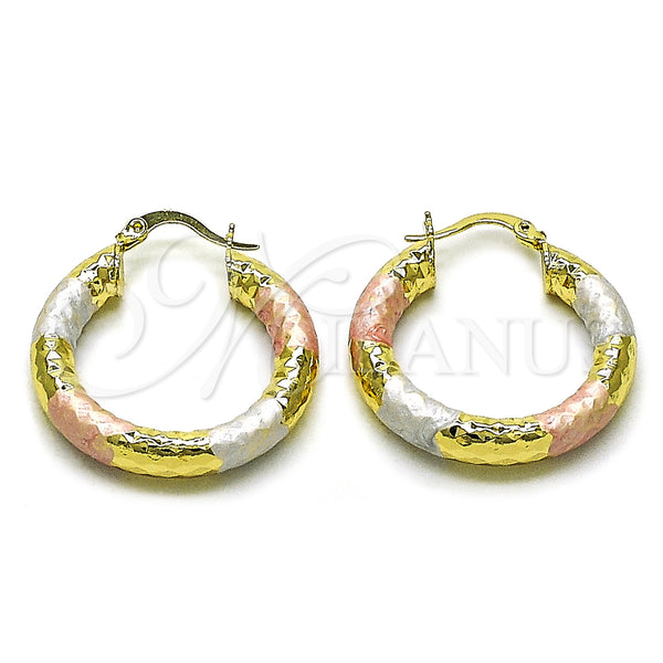 Gold Filled Hoop Earrings — Medium Hoop Hollow Design Diamond Cutting Tricolor 02. — main product view — SKU 159389 | Oro Laminado aretes de aro — Medium Hoop Hollow diseño Diamond Cutting Tricolor 02. — SKU 159389