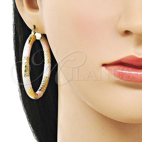 Gold Filled Hoop Earrings — Medium Hoop Hollow Design Diamond Cutting Tricolor 02. — alternate product view — SKU 159391 | Oro Laminado aretes de aro — Medium Hoop Hollow diseño Diamond Cutting Tricolor 02. — SKU 159391