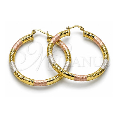 Oro Laminado Medium Hoop, Gold Filled Style Hollow Design, Diamond Cutting Finish, Tricolor, 02.213.0312.1.50