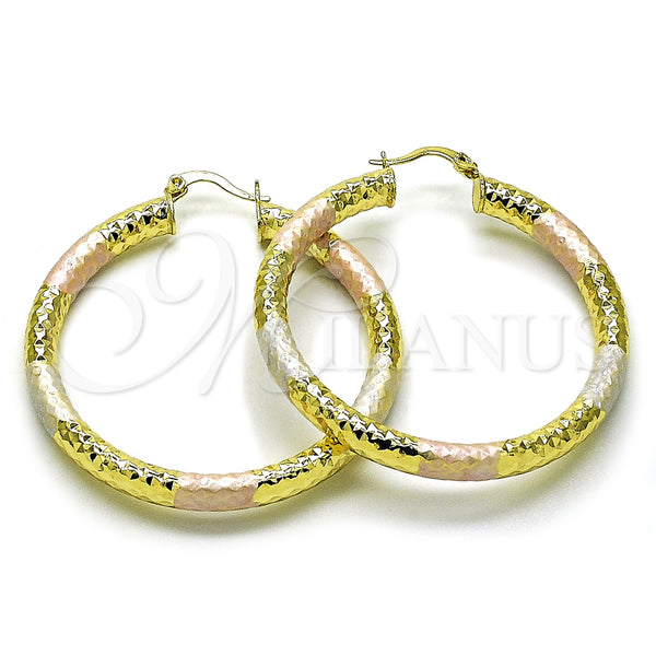 Gold Filled Hoop Earrings — Medium Hoop Hollow Design Diamond Cutting Tricolor 02. — main product view — SKU 159391 | Oro Laminado aretes de aro — Medium Hoop Hollow diseño Diamond Cutting Tricolor 02. — SKU 159391