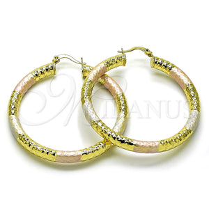 Gold Filled Hoop Earrings — Medium Hoop Hollow Design Diamond Cutting Tricolor 02. — main product view — SKU 159391 | Oro Laminado aretes de aro — Medium Hoop Hollow diseño Diamond Cutting Tricolor 02. — SKU 159391