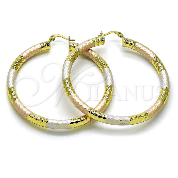 Oro Laminado Medium Hoop, Gold Filled Style Hollow Design, Diamond Cutting Finish, Tricolor, 02.213.0312.1.60