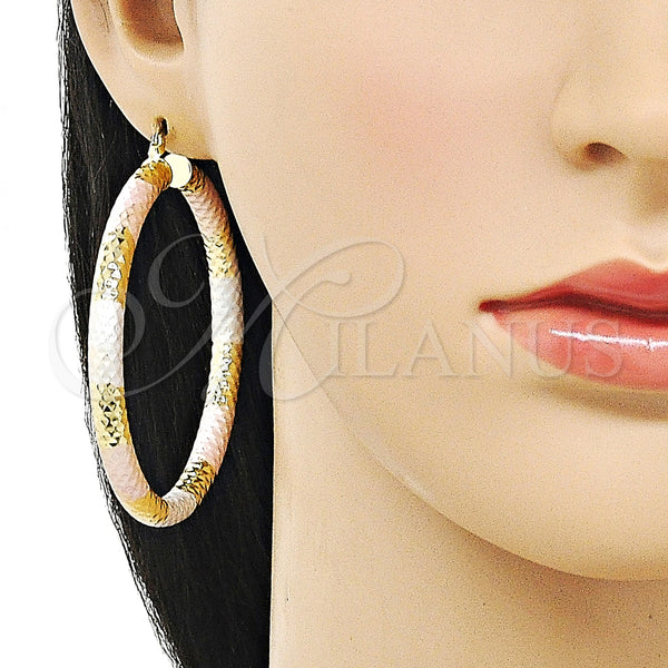 Gold Filled Hoop Earrings — Medium Hoop Hollow Design Diamond Cutting Tricolor 02. — alternate product view — SKU 159392 | Oro Laminado aretes de aro — Medium Hoop Hollow diseño Diamond Cutting Tricolor 02. — SKU 159392