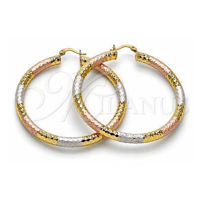 Oro Laminado Medium Hoop, Gold Filled Style Hollow Design, Diamond Cutting Finish, Tricolor, 02.213.0312.1.60