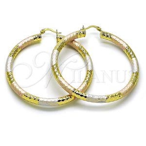 Gold Filled Hoop Earrings — Medium Hoop Hollow Design Diamond Cutting Tricolor 02. — main product view — SKU 159392 | Oro Laminado aretes de aro — Medium Hoop Hollow diseño Diamond Cutting Tricolor 02. — SKU 159392