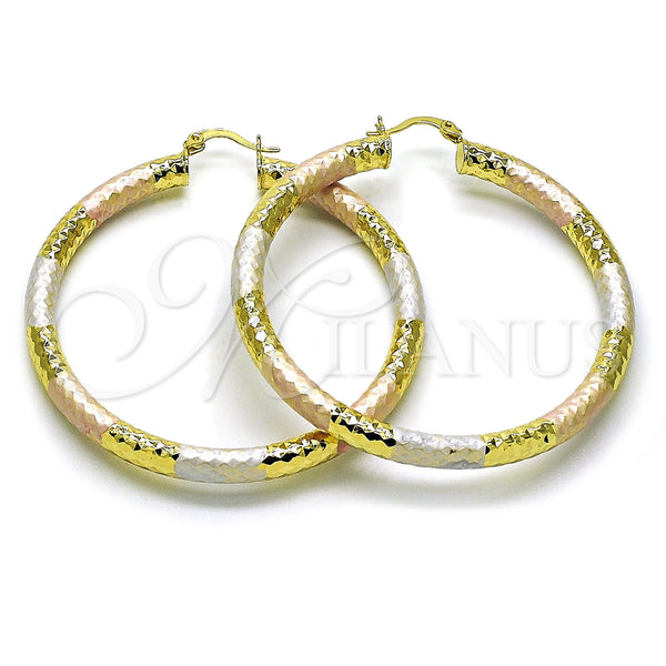 Gold Filled Hoop Earrings — Medium Hoop Hollow Design Diamond Cutting Tricolor 02. — main product view — SKU 159392 | Oro Laminado aretes de aro — Medium Hoop Hollow diseño Diamond Cutting Tricolor 02. — SKU 159392