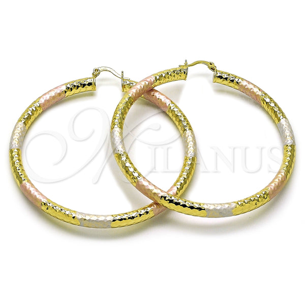 Oro Laminado Extra Large Hoop, Gold Filled Style Hollow Design, Diamond Cutting Finish, Tricolor, 02.213.0312.1.70