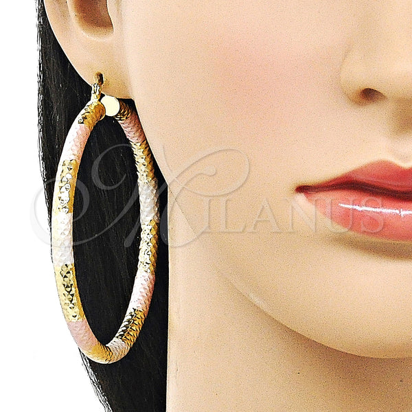Gold Filled Hoop Earrings — Extra Large Hoop Hollow Design Diamond Cutting Tricolor — alternate product view — SKU 159393 | Oro Laminado aretes de aro — Extra Large Hoop Hollow diseño Diamond Cutting Tricolor — SKU 159393