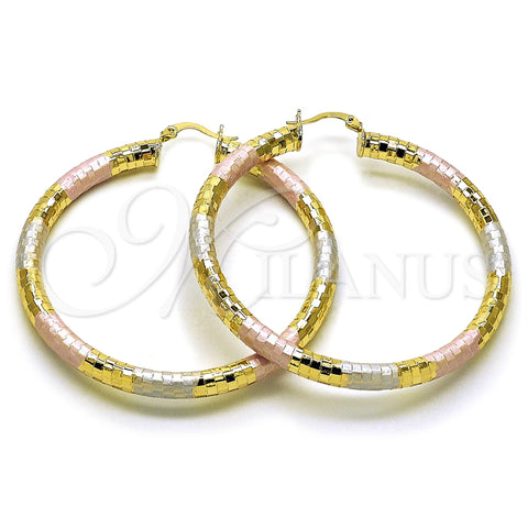 Oro Laminado Large Hoop, Gold Filled Style Hollow Design, Diamond Cutting Finish, Tricolor, 02.213.0309.1.60