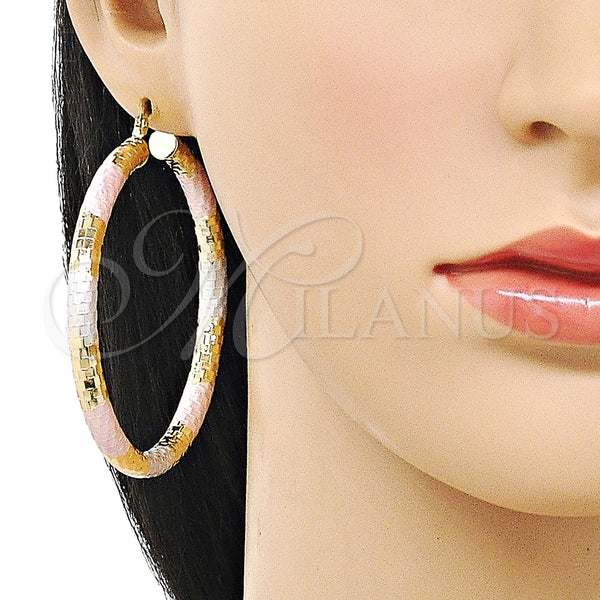 Gold Filled Hoop Earrings — Large Hoop Hollow Design Diamond Cutting Tricolor 02. — alternate product view — SKU 159394 | Oro Laminado aretes de aro — Large Hoop Hollow diseño Diamond Cutting Tricolor 02. — SKU 159394
