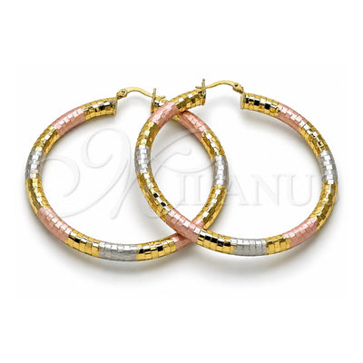 Oro Laminado Large Hoop, Gold Filled Style Hollow Design, Diamond Cutting Finish, Tricolor, 02.213.0309.1.60