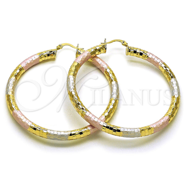 Gold Filled Hoop Earrings — Large Hoop Hollow Design Diamond Cutting Tricolor 02. — main product view — SKU 159394 | Oro Laminado aretes de aro — Large Hoop Hollow diseño Diamond Cutting Tricolor 02. — SKU 159394