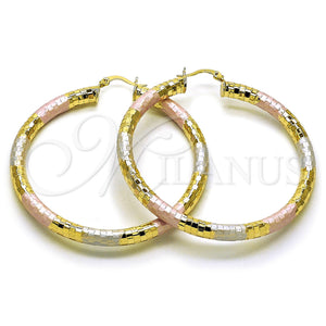 Gold Filled Hoop Earrings — Large Hoop Hollow Design Diamond Cutting Tricolor 02. — main product view — SKU 159394 | Oro Laminado aretes de aro — Large Hoop Hollow diseño Diamond Cutting Tricolor 02. — SKU 159394