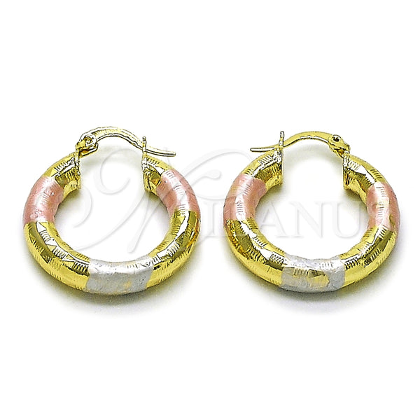 Oro Laminado Medium Hoop, Gold Filled Style Hollow Design, Diamond Cutting Finish, Tricolor, 02.213.0313.1.25