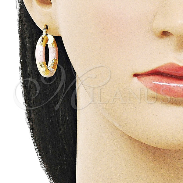 Gold Filled Hoop Earrings — Medium Hoop Hollow Design Diamond Cutting Tricolor 02. — alternate product view — SKU 159395 | Oro Laminado aretes de aro — Medium Hoop Hollow diseño Diamond Cutting Tricolor 02. — SKU 159395