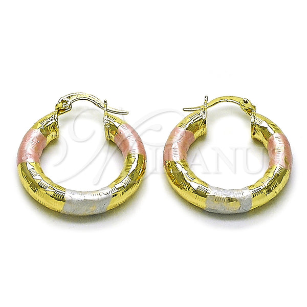 Gold Filled Hoop Earrings — Medium Hoop Hollow Design Diamond Cutting Tricolor 02. — main product view — SKU 159395 | Oro Laminado aretes de aro — Medium Hoop Hollow diseño Diamond Cutting Tricolor 02. — SKU 159395