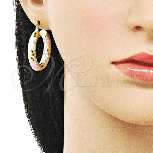 Gold Filled Hoop Earrings — Medium Hoop Hollow Design Diamond Cutting Tricolor 02. — alternate product view — SKU 159396 | Oro Laminado aretes de aro — Medium Hoop Hollow diseño Diamond Cutting Tricolor 02. — SKU 159396