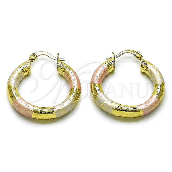 Gold Filled Hoop Earrings — Medium Hoop Hollow Design Diamond Cutting Tricolor 02. — main product view — SKU 159396 | Oro Laminado aretes de aro — Medium Hoop Hollow diseño Diamond Cutting Tricolor 02. — SKU 159396
