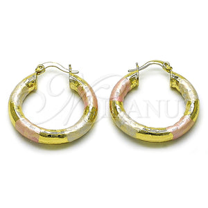 Gold Filled Hoop Earrings — Medium Hoop Hollow Design Diamond Cutting Tricolor 02. — main product view — SKU 159396 | Oro Laminado aretes de aro — Medium Hoop Hollow diseño Diamond Cutting Tricolor 02. — SKU 159396