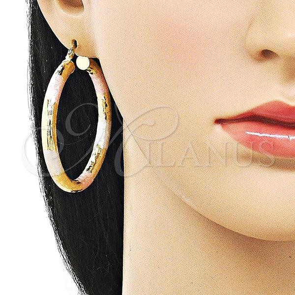 Gold Filled Hoop Earrings — Large Hoop Hollow Design Diamond Cutting Tricolor 02. — alternate product view — SKU 159397 | Oro Laminado aretes de aro — Large Hoop Hollow diseño Diamond Cutting Tricolor 02. — SKU 159397