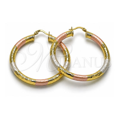 Oro Laminado Large Hoop, Gold Filled Style Hollow Design, Diamond Cutting Finish, Tricolor, 02.213.0313.1.50