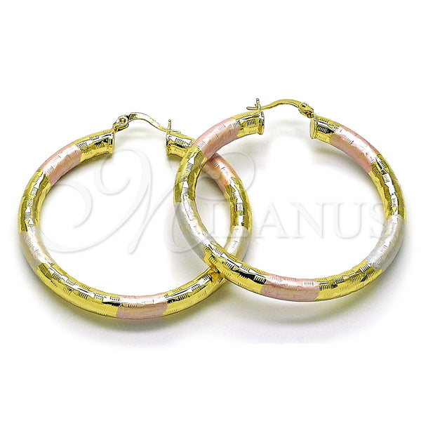 Gold Filled Hoop Earrings — Large Hoop Hollow Design Diamond Cutting Tricolor 02. — main product view — SKU 159397 | Oro Laminado aretes de aro — Large Hoop Hollow diseño Diamond Cutting Tricolor 02. — SKU 159397