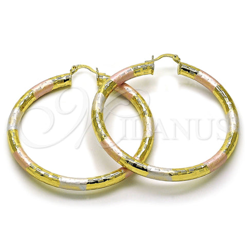 Oro Laminado Large Hoop, Gold Filled Style Hollow Design, Diamond Cutting Finish, Tricolor, 02.213.0313.1.60